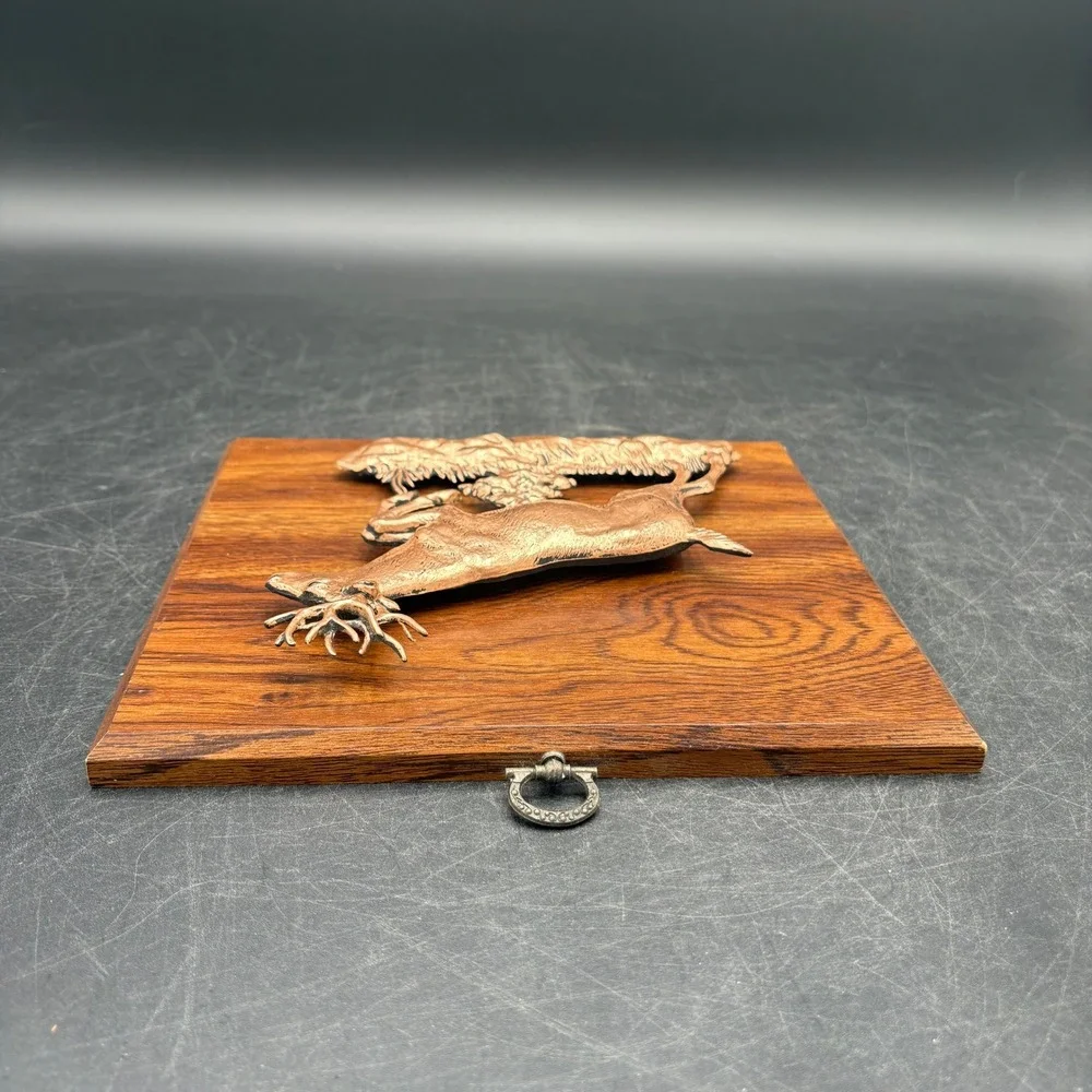 Vtg Set of 2 A&F Canada 3D Leaping Buck Deer Plaques Copper Tone Wood 1330LB